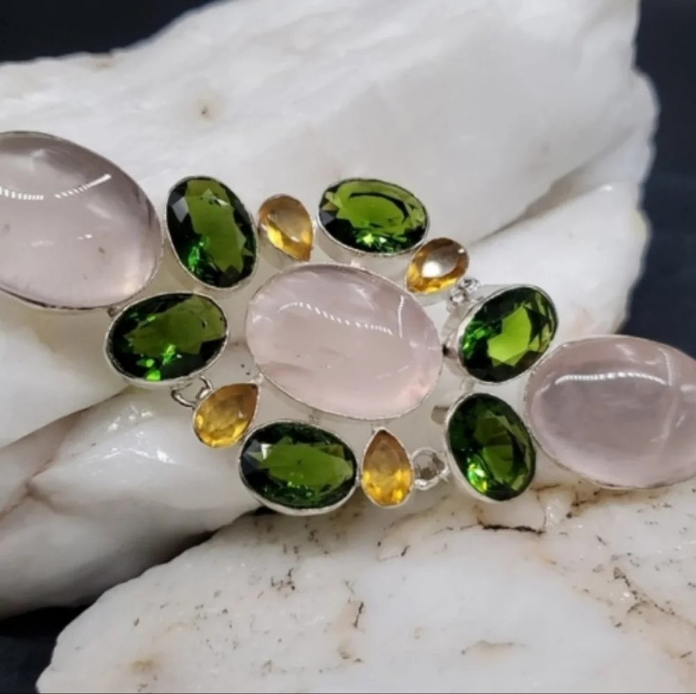 Genuine Rose Quartz Peridot Lemon Quartz Rhodium/925 Silver Bracelet